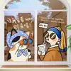 Creativas calcomanías de dibujos animados para puertas de vidrio, populares en cafés de moda y tiendas de té de burbujas, para decoración y exhibición de ventanas, con pinturas famosas, y sirviendo como letreros de bienvenida para la tienda