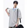 Camisa Polo de Manga Corta con Diseño Patchwork, Corte Holgado, Cuello de Camisa Falso de Dos Piezas, Camiseta Moderna para Hombre para Primavera y Verano, Top Resistente Estilo Americano