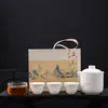 Juego de Té Exquisito para Viaje Qianli Jiangshan, Una Tetera y Tres Tazas, Juego de Té Kung Fu de Cerámica, Tazas Rápidas de Porcelana Blanca, Regalo