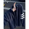 Jaqueta Suéter Cardigan de Tricô Estilo Rua Americano Preto Masculino Outono Nova Chegada Três Listras Gola Alta de Alta Qualidade