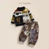 Conjunto de Otoño para Niños Niños, Conjunto Estilo Coreano, Suéter Cardigan Jacquard y Pantalones Largos Estampado Completo, Elegante Conjunto de Dos Piezas