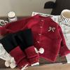 Ropa Infantil Estilo Coreano 2026 Nuevo Invierno Conjunto para Niñas: Cárdigan Rojo, Calcetines Apilados y Leggings Forrados de Polar