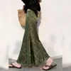 Falda de Satén Estilo Retro, Falda Larga Verde Suelta con Estampado Floral, Falda Amplia Acampanada, Nuevo Estilo Versátil Primavera 2026