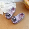 Zapatos de Princesa Plateados con Cristales para Niñas, Estilo Primavera y Otoño, Planos de Dibujos Animados con Lazo, Zapatos de Cuero de Suela Suave, Zapatos de Espectáculo para Niños