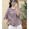 Camisa Bordada de Algodón Lino Artística Retro para Mujer 2026 Verano Delgado Transpirable Manga de Cinco Puntas Top Suelto Adelgazante