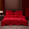 Set de Boda de Algodón con Bordado de Dragón y Fénix Juego de Varias Piezas Habitación de Boda Set de Cuatro Piezas de Algodón de Fibra Larga Ropa de Cama Festiva Roja para Boda