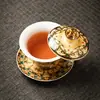 Color Esmalte Giratorio Flotante Cubierta de Tres Talentos Tazón Tapa Kung Fu Chino Hogar Preparación de Té Porcelana con Trazos Dorados Tazón de Té con Tapa