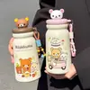 Taza aislante con forma de oso lindo, acero inoxidable 316, compartimento aislado para té, vaso con pajilla, gran capacidad, portátil, con correa para colgar, venta al por mayor