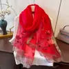 Bufanda de Seda y Lana Nueva de Primavera para Mujer Magnolia Versátil Hermoso Chal Vintage Suave Bufanda Floral Bordada