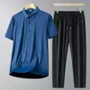 Nova Camisa de Seda Gelada de Verão para Homens de Meia-Idade e Idosos, Conjunto de Duas Peças Roupa de Pai de Manga Curta, Cardigã Camisa Polo para Homens, Negócios