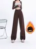Jeans de Pierna Ancha de Tiro Alto Forrados de Polar Color Marrón Melard para Mujer, Primavera Talla Grande Ajuste Holgado, Adelgazantes, Pantalones Rectos de Nicho