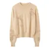 Cárdigan de punto 100% cachemira con bordado de borde deshilachado estilo francés, cuello redondo, suéter chaqueta de punto suelto y casual para mujer, top base