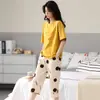 Pijama feminino verão manga curta calça cropped estilo coreano fofo solto traje estudante fino jovem verão roupa de casa