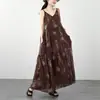 Vestido de Verão 2026 Estampado Boêmio para Férias com Alças Retro Vermelho Café