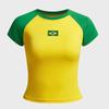Camiseta feminina slim fit com estampa de bandeira do Brasil bordada e costura contrastante, estilo europeu e americano, gola redonda, nova
