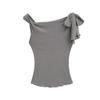 Camiseta Chic de Verão para Mulheres com Laço, Ombro Caído, Bonita Elegante, Aparência Emagrecedora e Ombro Inclinado Top Preto