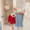 Jeans de otoño para niñas estilo coreano con ribete de encaje y perlas, pantalones largos ligeramente acampanados para bebés, elegantes pantalones elásticos para bebés y niños pequeños