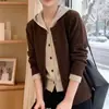 Cárdigan de punto con capucha de manga larga de dos piezas falsas para mujer, Otoño 2026, Nuevo, Holgado, Estilo coreano, Suéter Abrigo