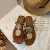 Sandalias Cuadradas Planas de Punta Abierta con Hebilla Redonda de Mármol para Ropa de Exterior, Chanclas de Tira Fina Abiertas en la Punta para Mujer, Estilo Veraniego de Vacaciones