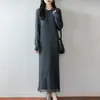 Vestido longo de lã 100% pura com franjas para mulheres, novo vestido de malha com decote V para outono e inverno, vestido suéter de comprimento médio acima do joelho em linha A
