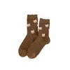 Calcetines Gruesos Cálidos de Lana con Diseño de Oso de Dibujos Animados, Calcetines de Media Pantorrilla Color Café en Combinación de Colores Melange, Doble Capa con Borde Fruncido, Estilo Acumulado de Media Pantorrilla