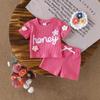 25 Comercio Exterior Europa y América Verano Lindo Traje de Niña Color Sólido Letra Bordada Manga Corta Waffler Shorts Conjunto de Dos Piezas