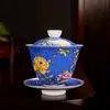 Conjunto de Tigelas Esmaltadas de Três Peças Estilo Palácio com Tampa, Conjunto de Chá Kung Fu Cerâmico Vintage, Xícara de Tigela de Chá Esculpida em Filigrana, Jingdezhen