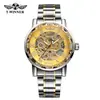 Reloj T-Winner/Victor 8012 para Hombre y Mujer, Casual de Negocios, Mecánico Hueco con Engranaje, Banda de Acero Dorado