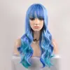 Ventas Directas de Fábrica de Pelucas de Cabello Largo Ondulado y Rizado, Popular Jiafa de Color Azul Mezclado con Flequillo para Mujeres Europeas y Americanas