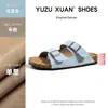 Sandalias Transpirables de Piel de Vaca de Dos Correas de 3 cm para Mujer, Chanclas de Verano para Exteriores con Suela Gruesa Estilo Birkenstock