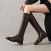 Botas altas de piel de vaca con tacón medio grueso y punta redonda, para otoño/invierno 2024, de piel de vaca, largas y rectas, color marrón, para mujer