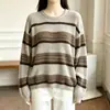 Suéter de punto base versátil de moda, de manga larga, cuello redondo, a rayas de color contrastante, estilo perezoso, para mujer, 26 Otoño Invierno Nuevo, holgado
