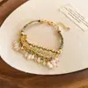 Pulseira de Rede Azul Dourada com Flor de Vidro Pérola Zircônia Brilhante Pulseira Elegante de Luxo Leve Joia de Mão Versátil da Moda