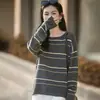 Suéter de punto casual a rayas para mujer, algodón puro, cuello redondo, hombros caídos, corte holgado, simple y versátil para el uso diario, mangas largas, estilo pullover