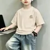Camiseta de manga corta de algodón puro para niños, nuevo estilo de verano, camiseta básica transpirable y holgada para niños, top de manga corta con estampado de letras para niños mayores