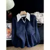 Suéter de Manga Larga Falso Dos Piezas con Solapa de Lentejuelas Rojas para Mujer Otoño Invierno Ligeramente Gordito Tallas Grandes Sentido del Diseño Tejido Reductor de Edad Top