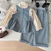 Conjunto de Tres Piezas para Niñas para Primavera y Otoño, Nueva Moda Camisa de Manga Larga + Chaleco de Mezclilla + Conjunto de Jeans, Transfronterizo