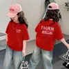 Camiseta de Algodón Puro de Manga Corta para Niñas, Nuevo Estilo de Verano, Estampada con Letras, Moda Estudiante Bebé, Top Holgado de Media Manga