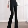 Calça boca de sino feminina com franjas, novo estilo primavera e outono, cintura elástica, modeladora, barra desfiada, microflare amigável para baixinhas