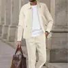 Traje casual de color liso con bolsillo con cremallera transfronterizo para hombre, chaqueta cárdigan versátil de cuello solapa ajustada con cordón, pantalones sencillos