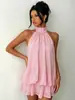 Vestido europeo y americano transfronterizo para mujer, cuello halter, cuello alto, dobladillo con volantes, sin mangas, hombros descubiertos, holgado, estilo dulce y fresco