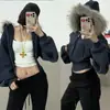 Moletom com Capuz Forrado em Fleece e Gola de Pelo Real Removível para Mulheres Outono e Inverno Nova Jaqueta Moletom Curta Estilo Retro Americano Top