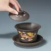 Novo Conjunto de Tigelas Roxas de Argila Estilo Chinês com Tampa de Três Peças para Uso Doméstico, Apresentando Relevo de Padrão de Dragão, Conjunto de Tigela de Chá Flutuante e Bandeja de Chá