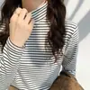 Camisa básica feminina de veludo listrado dupla face, corte solto, gola semi-alta, T-shirt quente de manga longa, estilo coreano da moda, outono e inverno