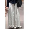 Calça feminina larga e curva estilo vintage cinza escuro relaxado, novo estilo verão 2026, cintura alta, solta, afina a silhueta, calça casual cropped
