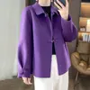 Casaco Vintage Lel de Lã Pura Estilo Nacional Feminino com Fivela Manga Longa Solto com Bolso Cor Sólida Elegante Casual Tweed Dupla Face