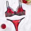 Venta Caliente Transfronteriza Europea y Americana Día de San Valentín En Stock Satén Rojo Malla Sexy Patchwork Lencería Conjunto de 2 Piezas