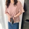 Top de punto estilo japonés exquisito con cuello redondo, manga de tres cuartos, estilo murciélago, disponible en stock, nuevo modelo de verano 2026 con aplicaciones de encaje calado y transpirabilidad