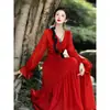 Stock Listo Estilo Vacaciones Vestido Rojo Nuevo Primavera y Verano 2025 Vestido Largo Adelgazante para Fotos de Viaje de Mujer