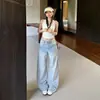 Calça Jeans Feminina Retro Americana 2026 Cintura Alta Solta Perna Larga Design de Botão nas Costas Calça Banana Ajustável